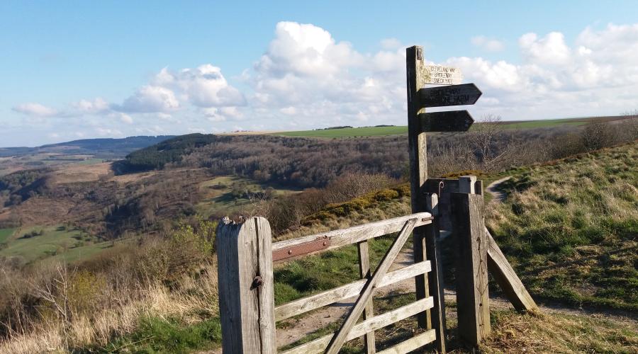 Signpost by a gate high on the Clevelend Way