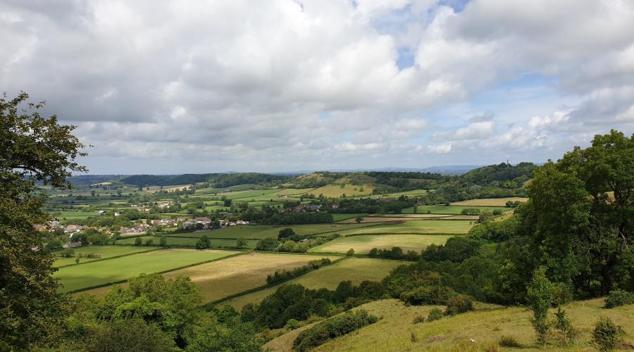 View from Gilling Down out over Compton Dundon flanked by the Polden Hills