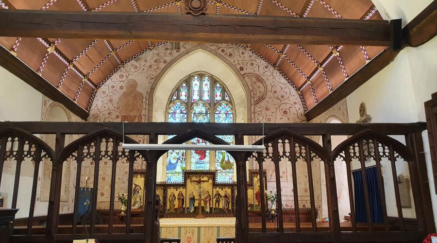 The chancel with wall paintings, St James' Church, Bramley, near Basingstoke