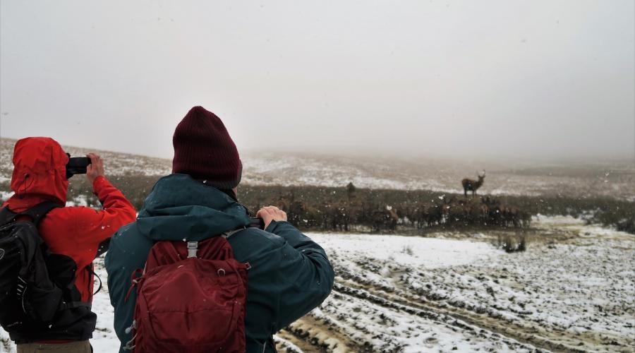 Outdoor lads taking photos in the snow