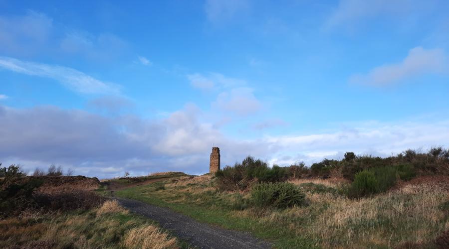 Looking back up track to memorial tower at the summit