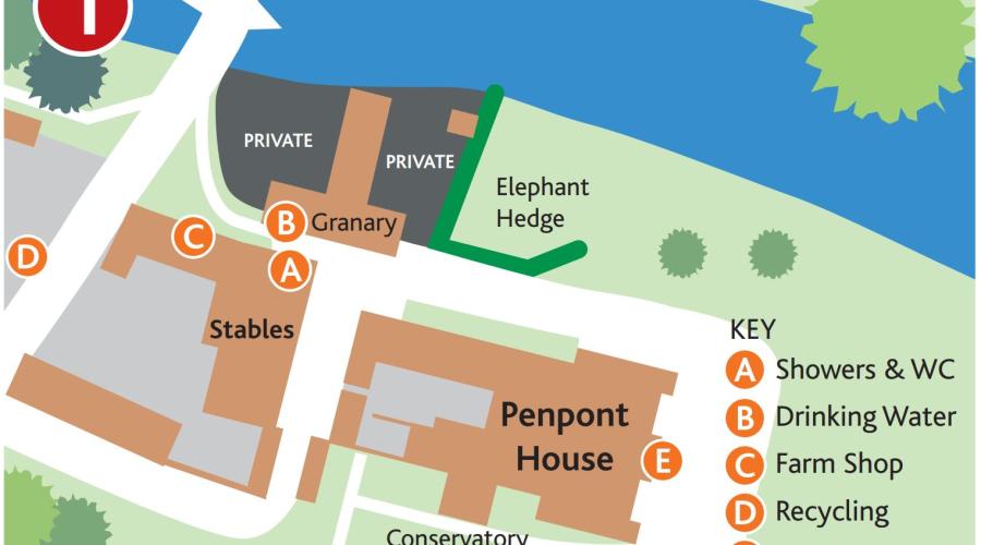 Facilities Map - Toilets and Showers, shop, tap , bins