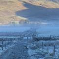 A path with fences either side leading through the misty frost-covered bottom of Buttermere Valley, with sun-covered green mountains rising in the background