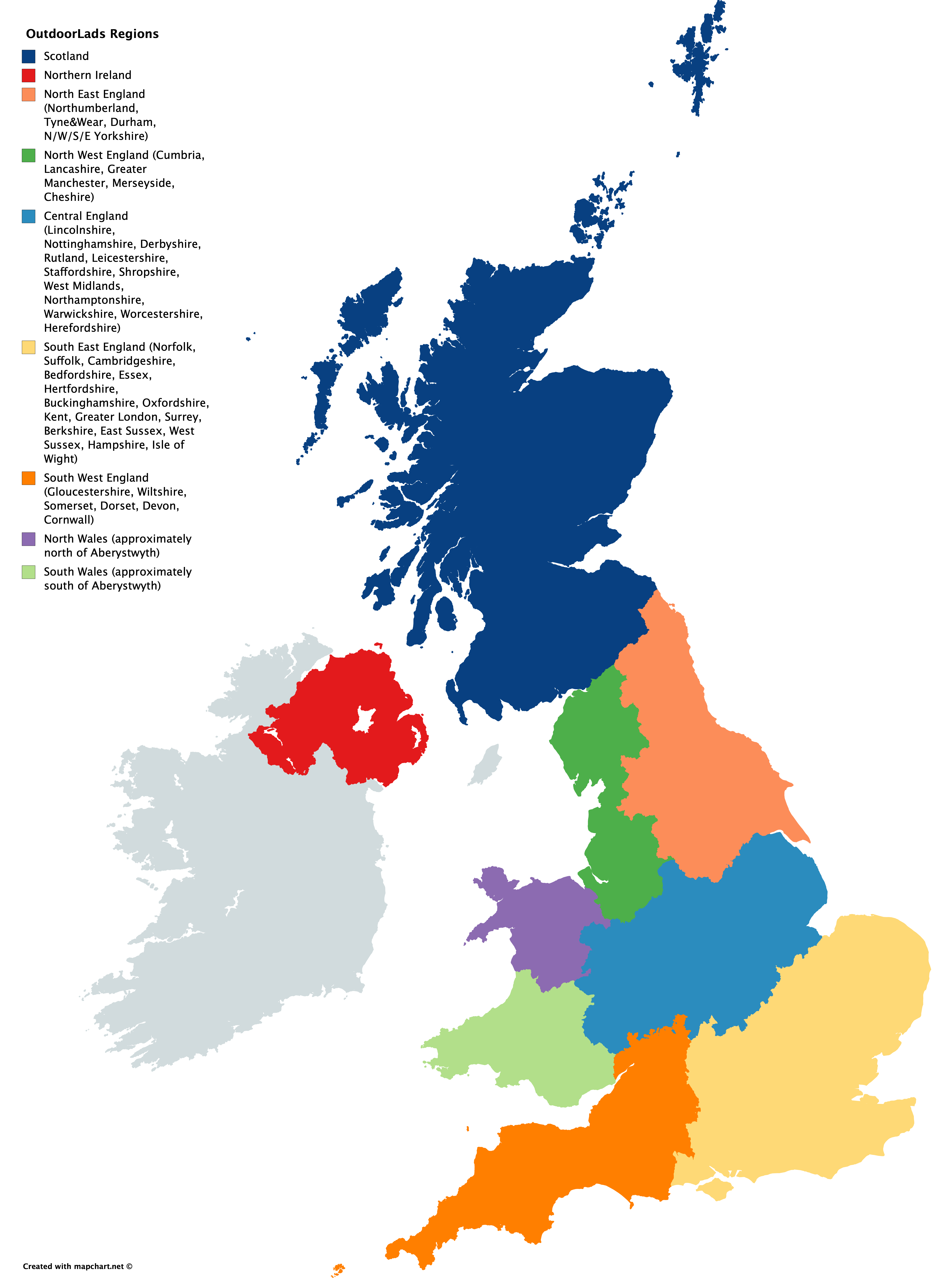 Map of OutdoorLads Regions with County details